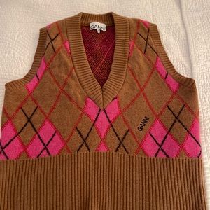 GANNI * Harlequin Knit Sleeveless Sweater *Color Brown/Pink * Size * Small Wool